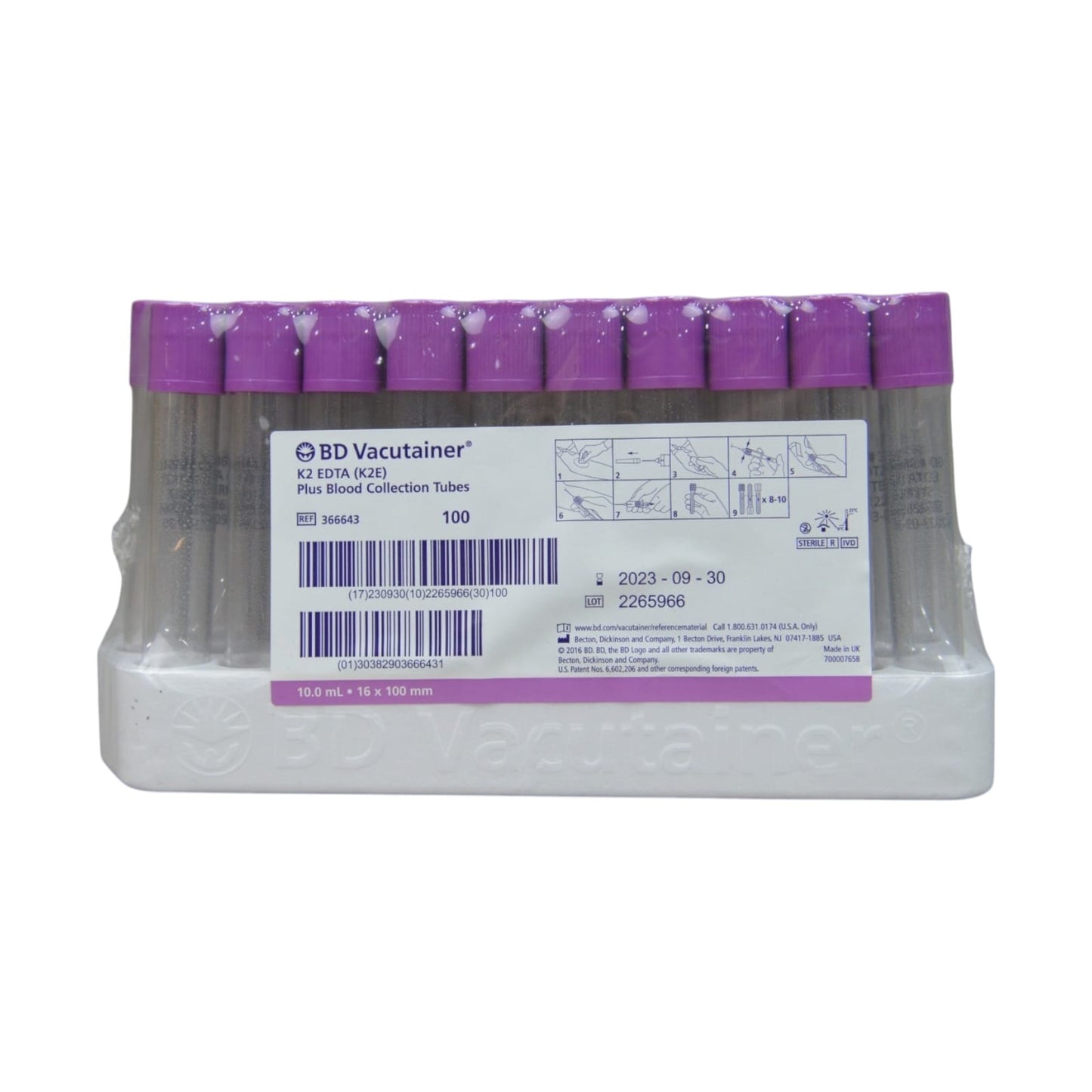 BD Vacutainer K2 EDTA (K2E) 10ML 16x100mm Hemogram Pack of 100 Tubes 366643